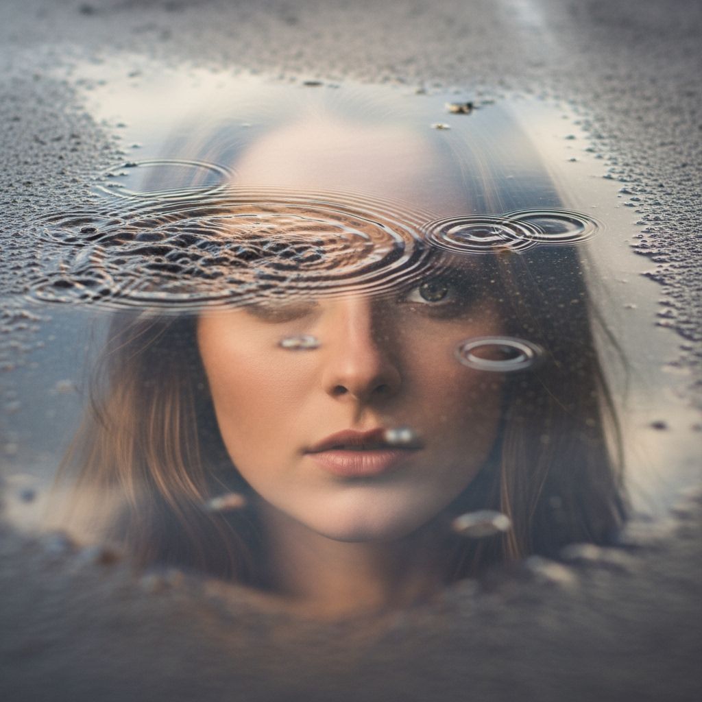 Ethereal Woman's Portrait Reflected in Water Puddle