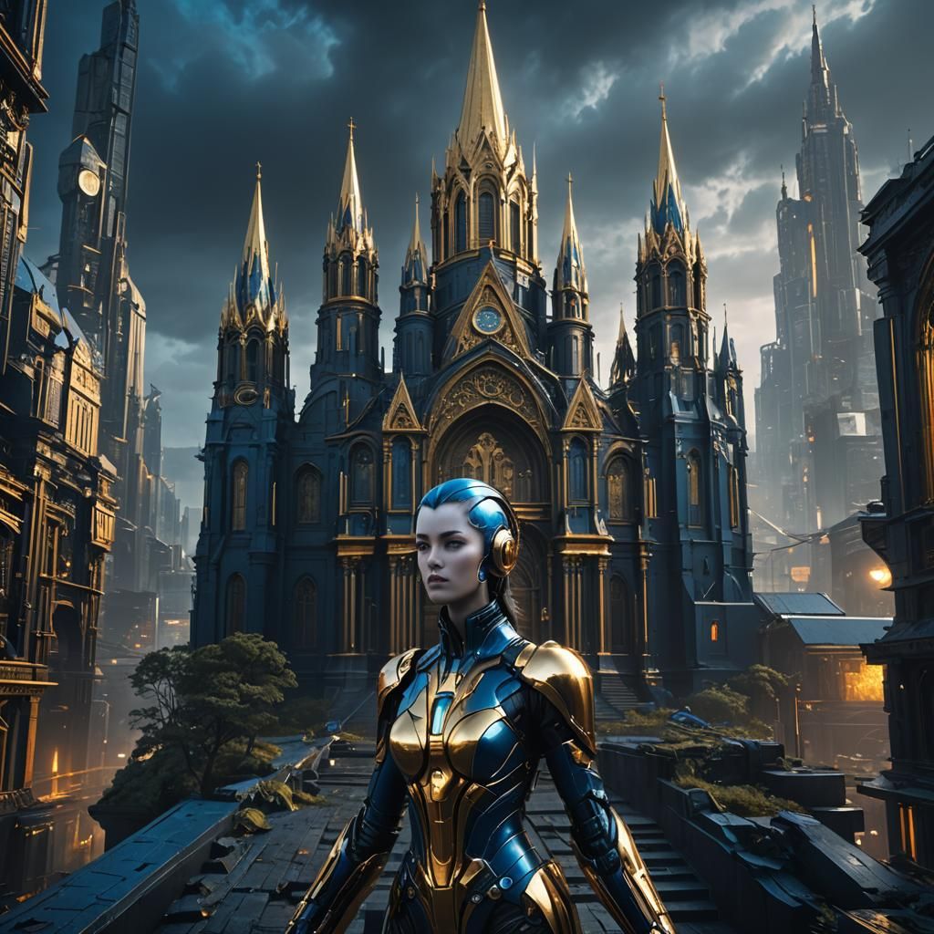 Futuristic Cyberpunk Landscape with Sculpture and Church