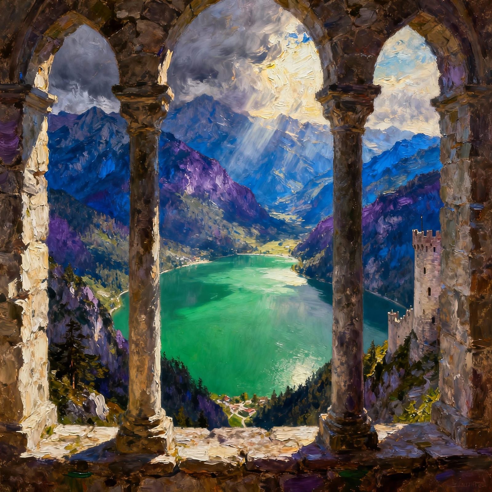 Epic Mountain Lake Landscape Painting Through Castle Window