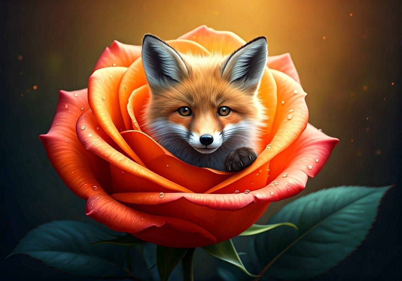 Whimsical Fox in a Vibrant Orange Rose