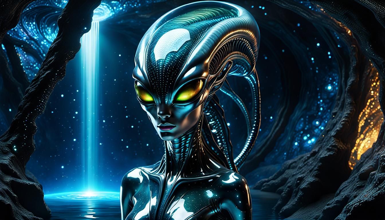 Alien Woman in Space Cave with Luminous Pool