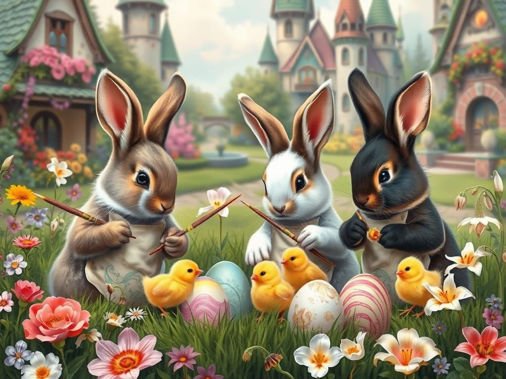 Bunnies and Chicks Painting Easter Eggs in Meadow