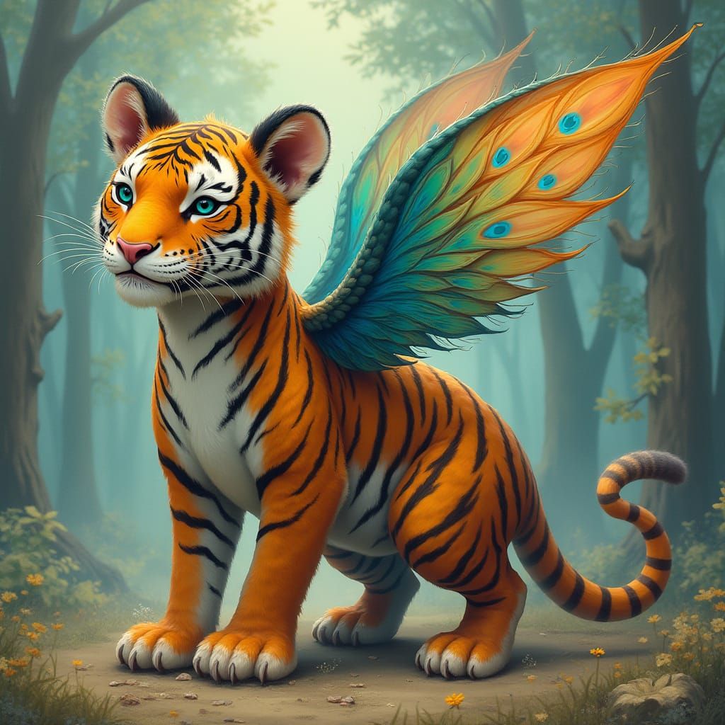 Mystical Hybrid Creature with Tiger Body and Peacock Wings