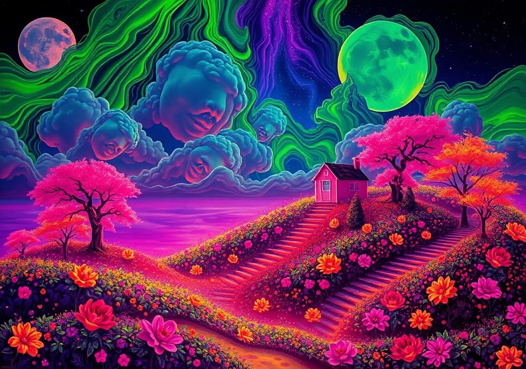 Fluorescent Surreal Landscape with Abstract Forms