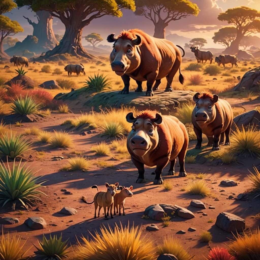 Timon and Pumba in Sunny Savannah: 3D Render