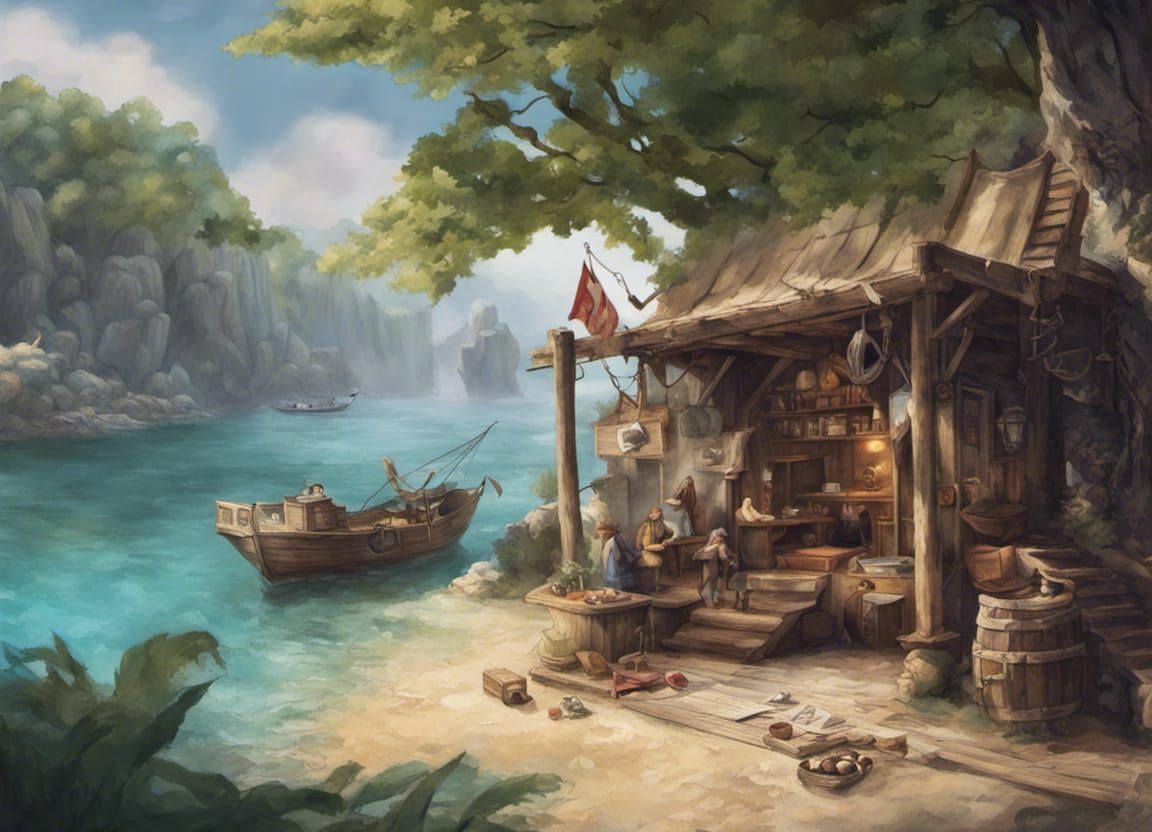 pirates relax and plan, a hidden tavern, a secret cove, or a...
