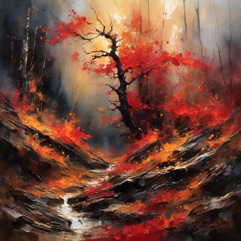 Cardinal in Autumn Forest Impasto Watercolor Painting