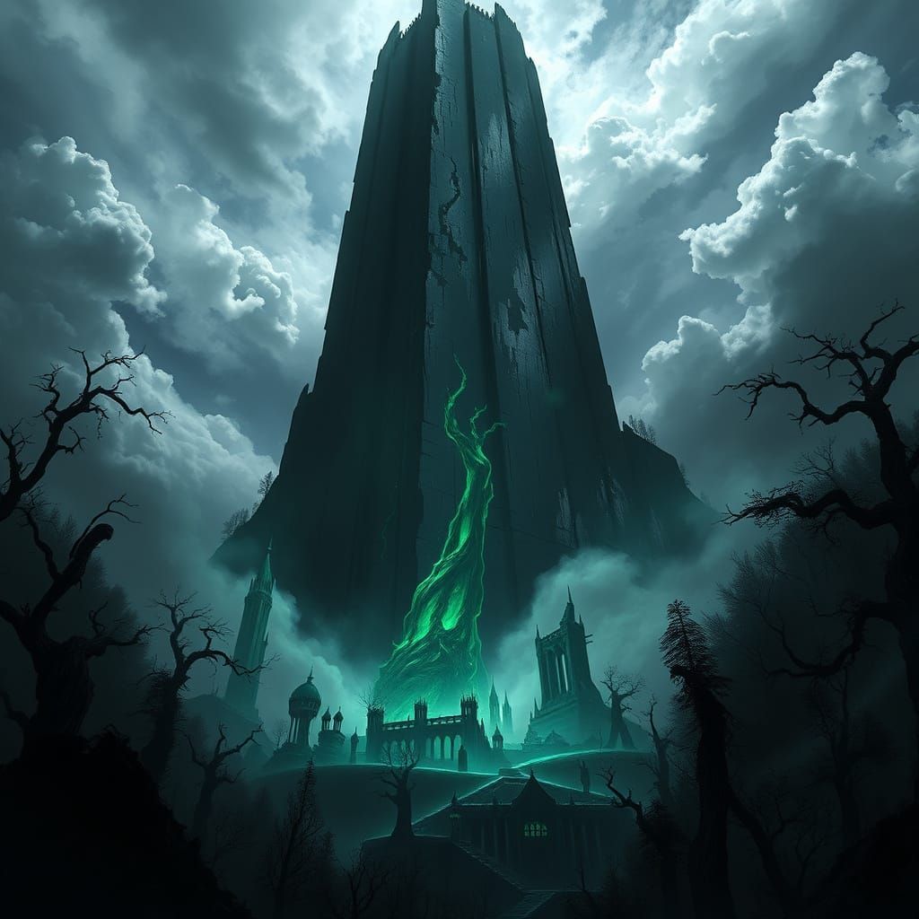 Surreal Black Tower Rises from Ruined Capital in Dark Fantas...