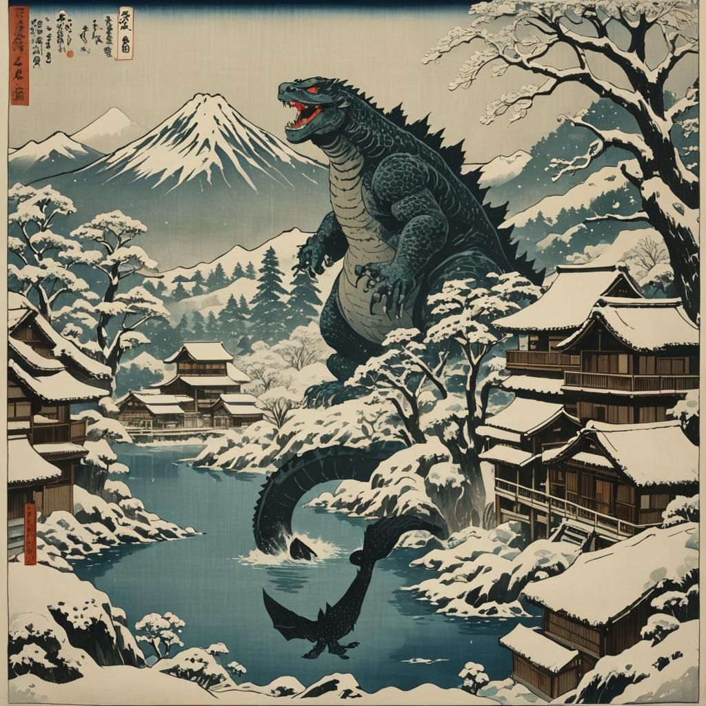 Godzilla's Winter Visit to Shirakawa-go: Ukiyo-e Style