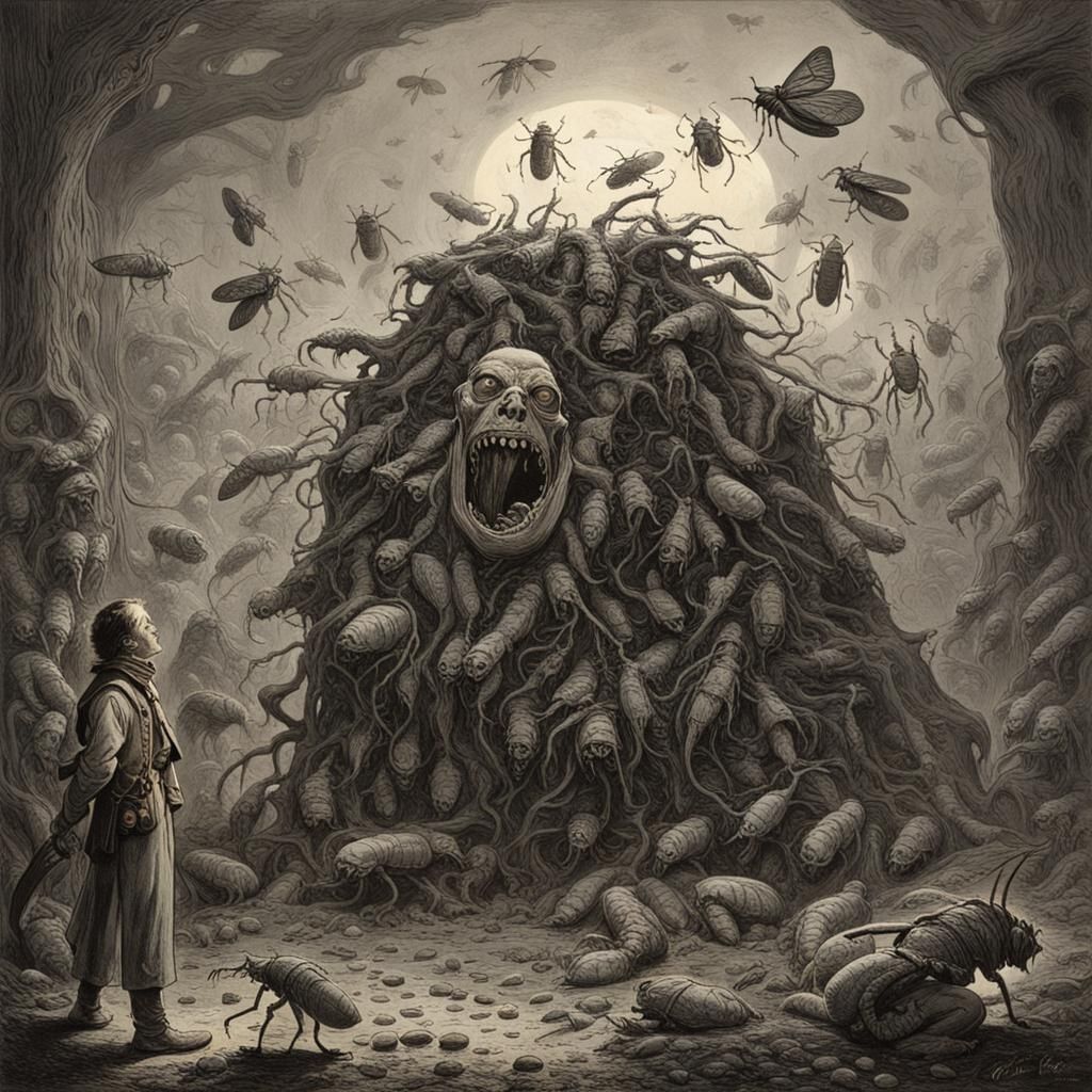 Horrific Mouth Swarming with Bugs in Engraving Style