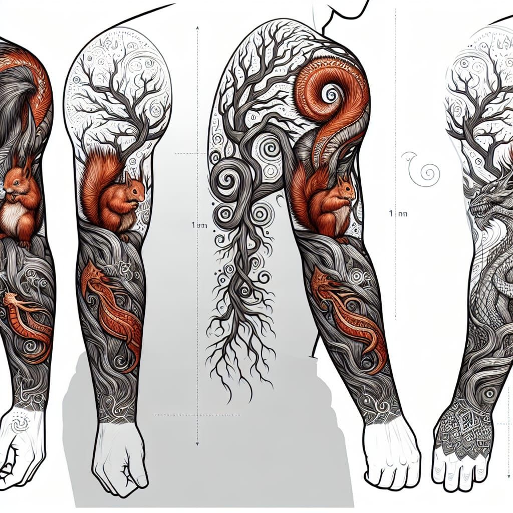 Neo-Traditional Tattoo Sleeve Sketch: Squirrel, Yggdrasil & ...