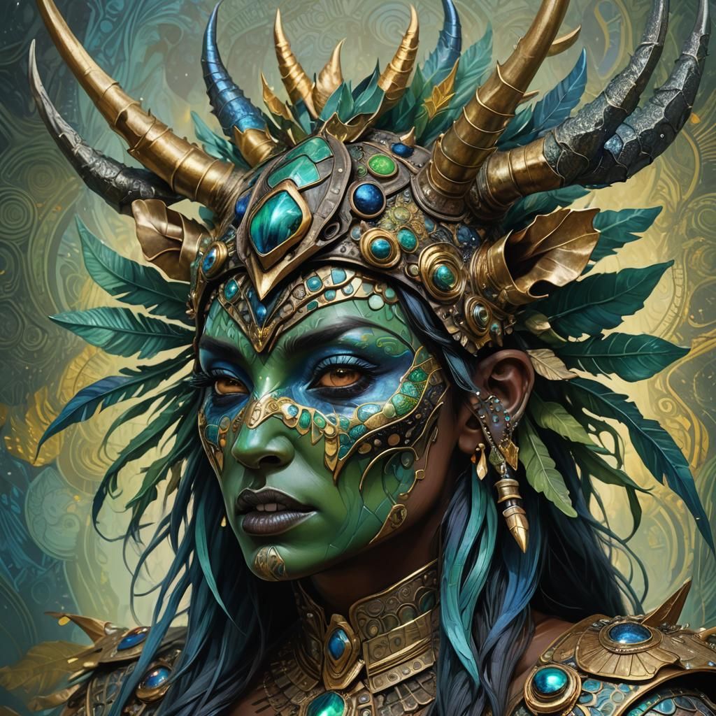 Woman's Fierce War Cry with Beetle Headdress