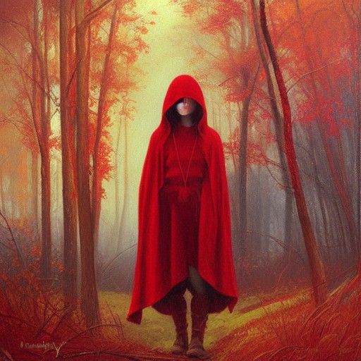 Hooded Archer Girl in Red Forest, Oil Painting