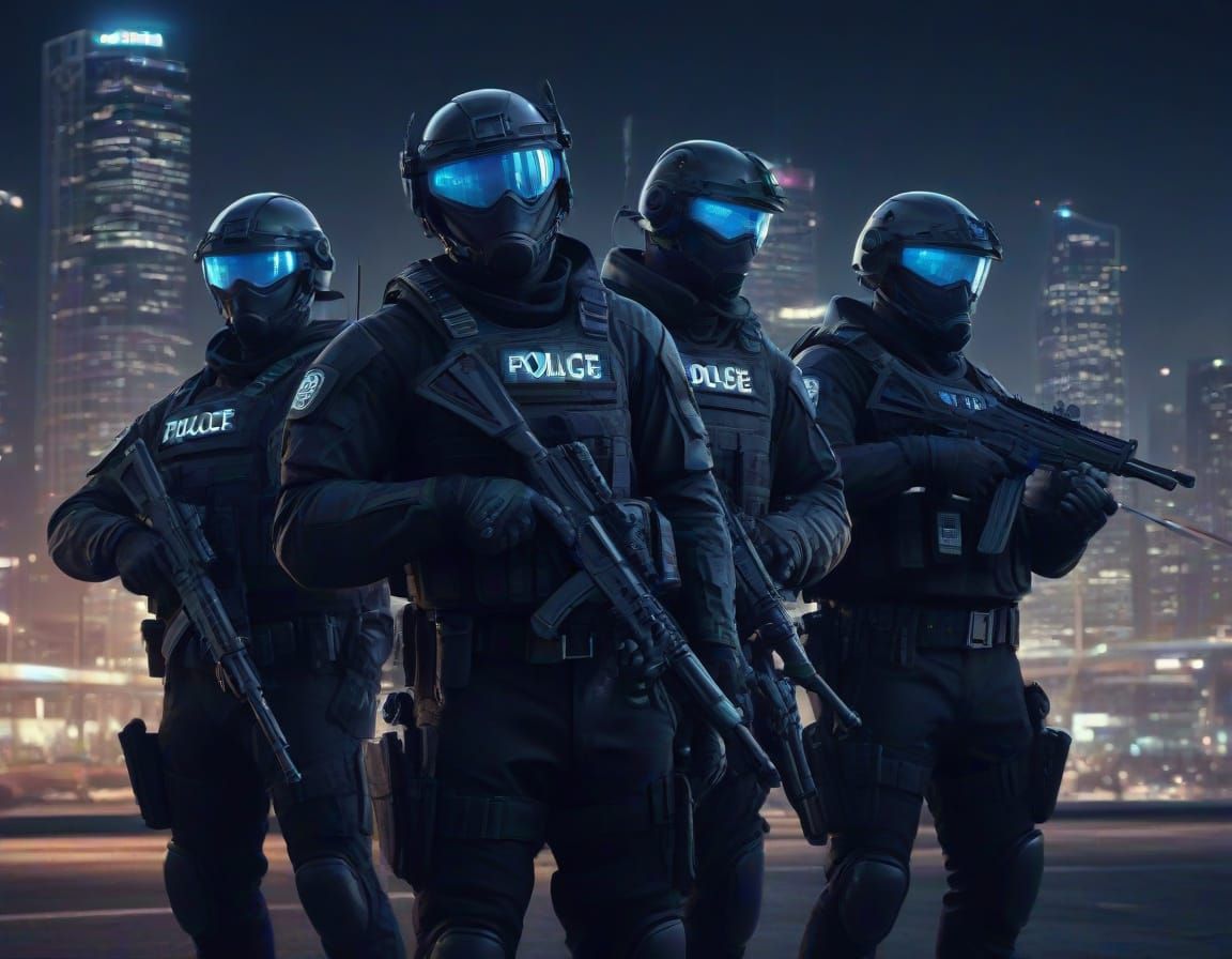 Retro-Futuristic LAPD SWAT Team in Neon-Lit Cityscape