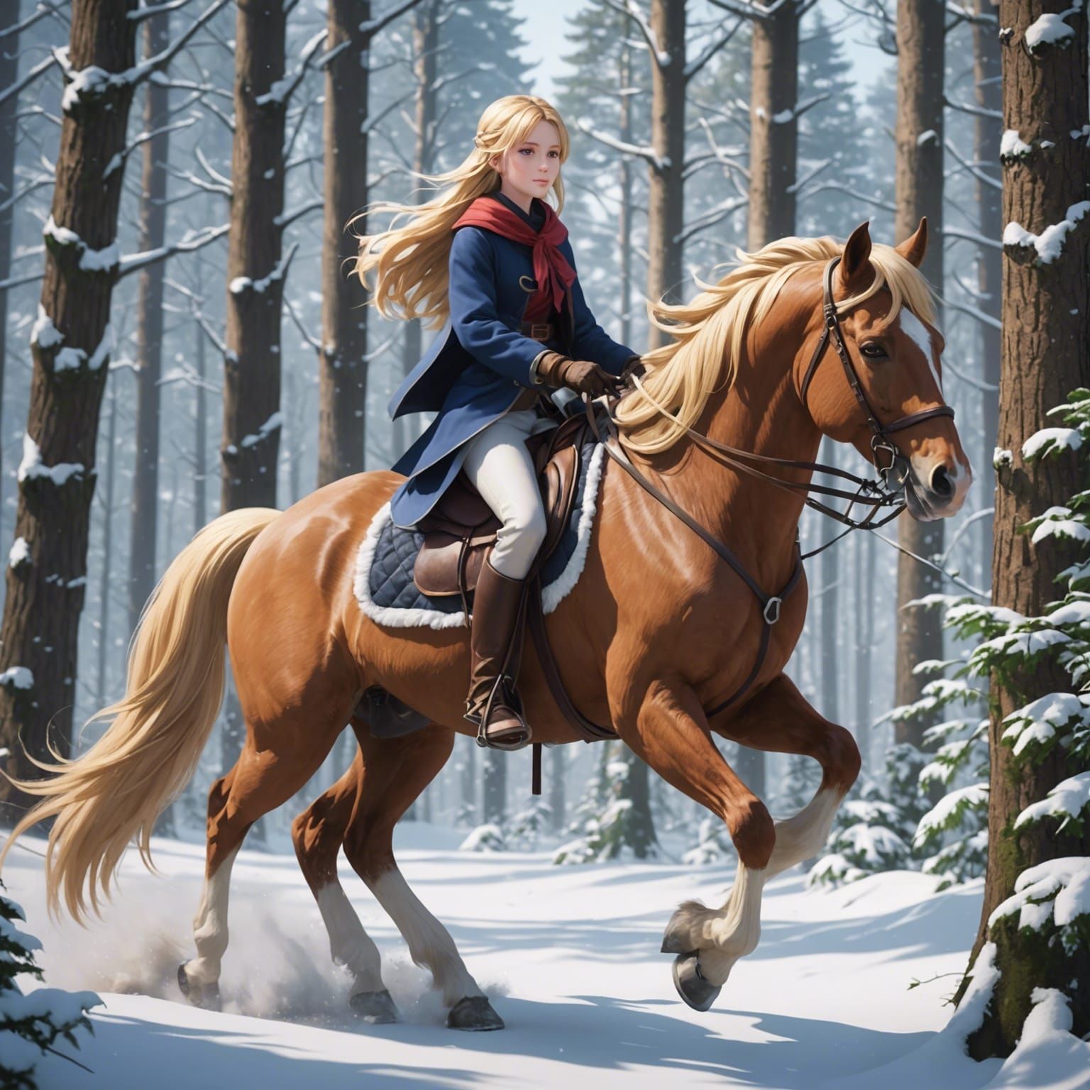 Anime Girl on Horseback in Snowy Forest