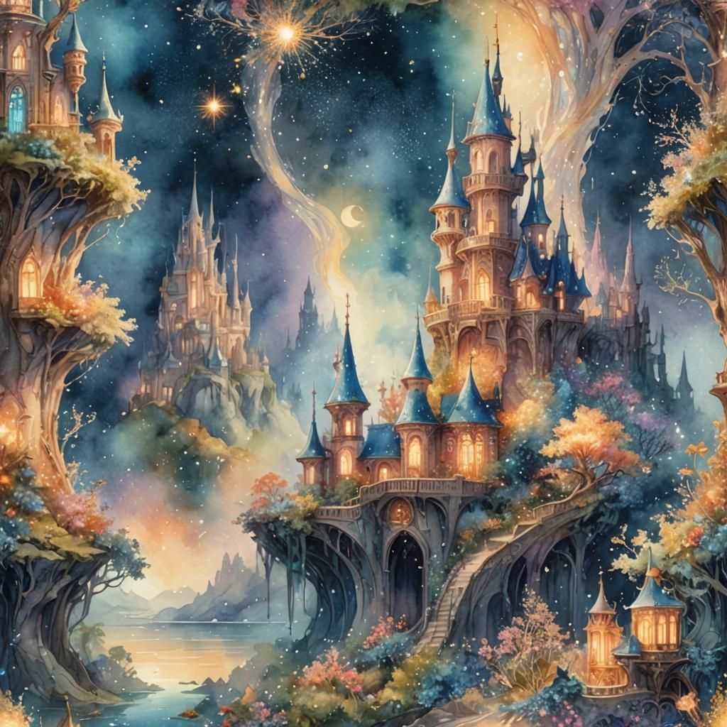 Ethereal Fairytale Scene in Watercolor Style