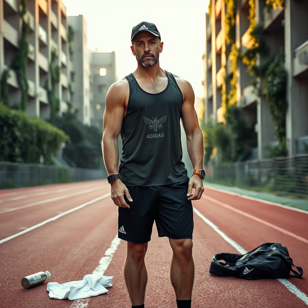 Confident Muscular Man on Early Morning Running Track