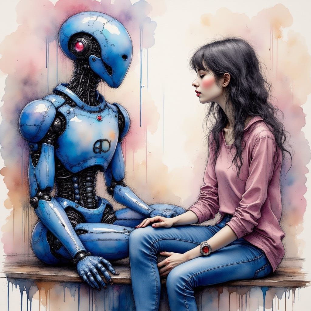Electric Blue Android Talks to Woman in Gouache Style