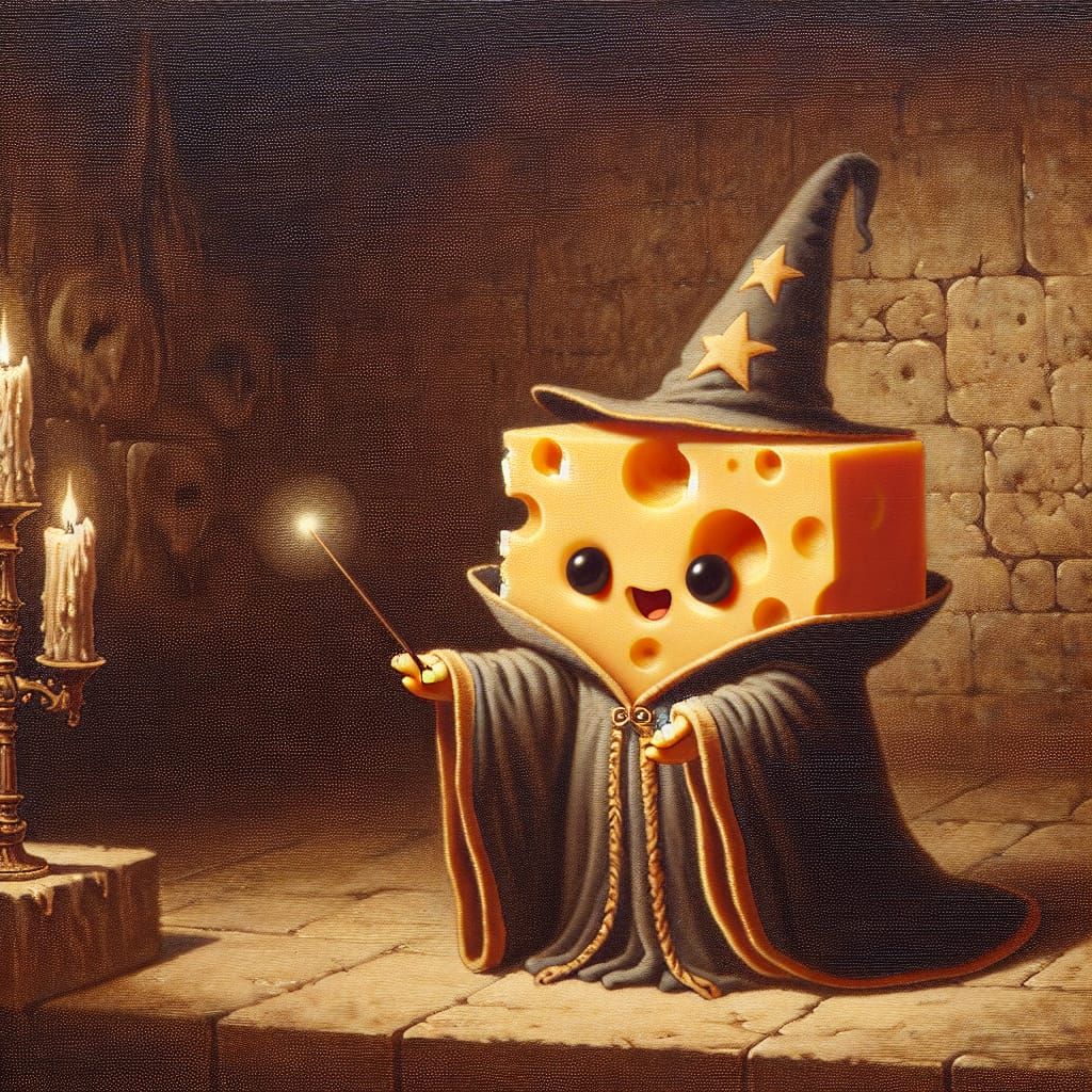 Cheese Wizard Conjuring Spell in Dungeon, Oil Painting