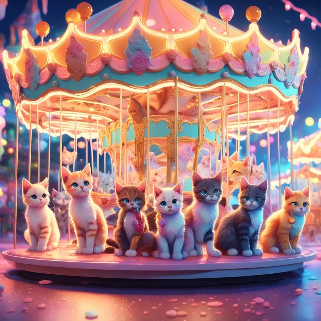 Cats and Kittens Enjoying Ice Cream, 3D Anime Art