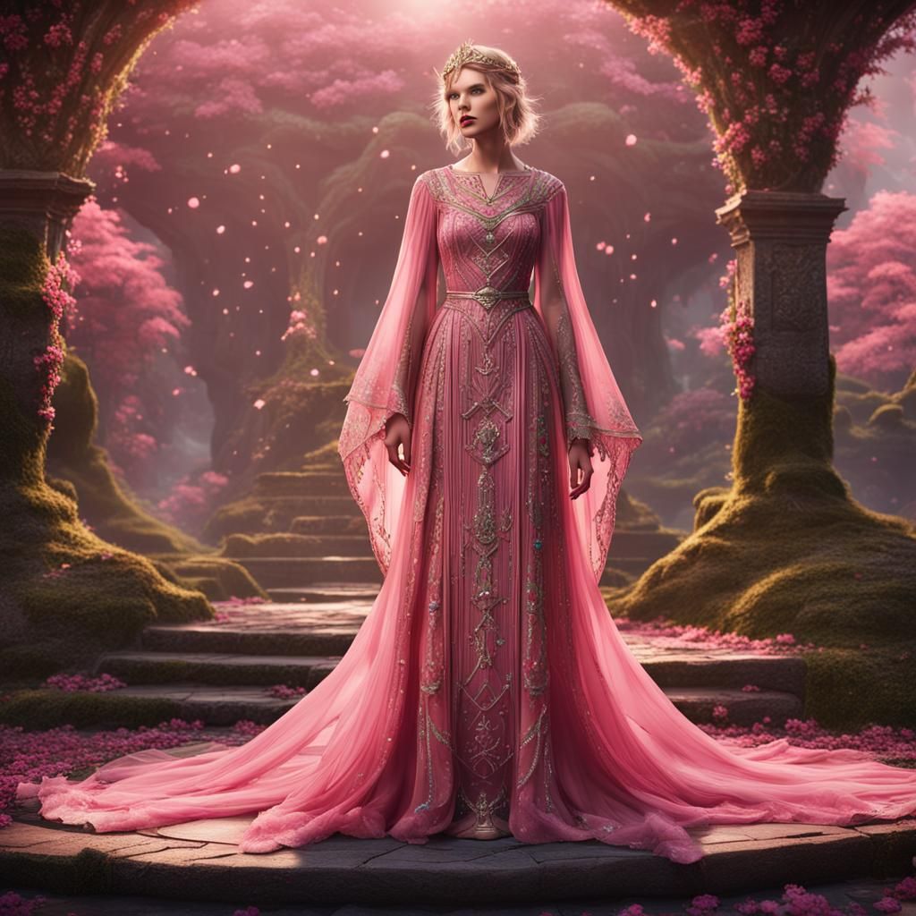 Elf Queen in Flowing Pink Dress, Fantasy Art