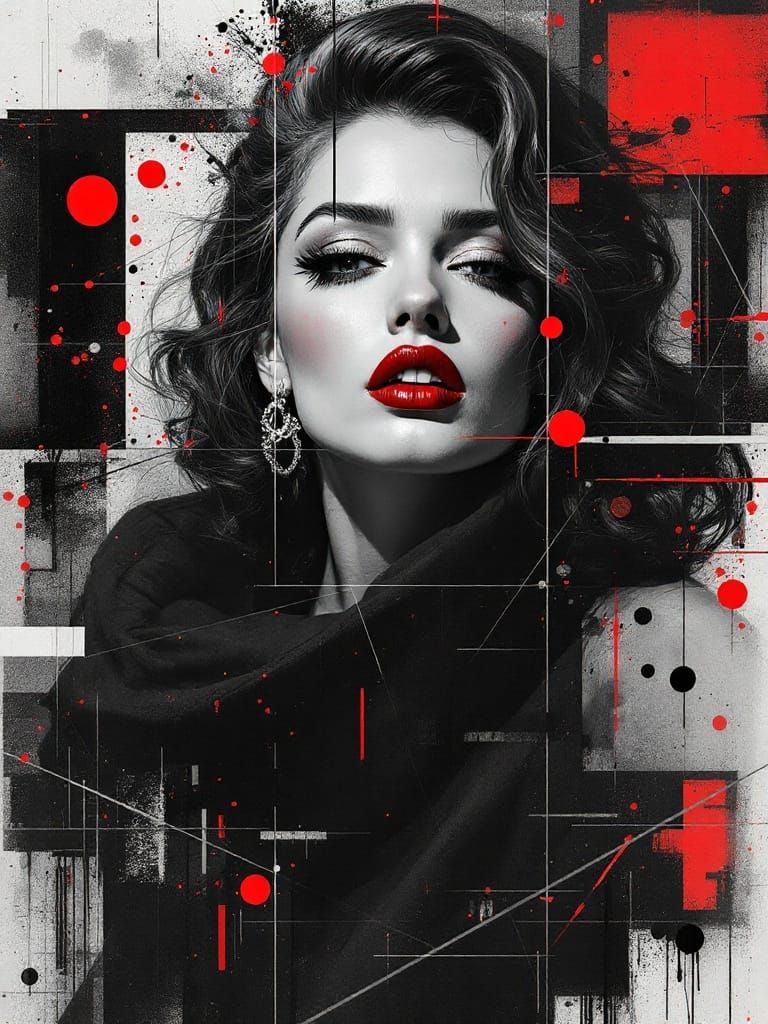 Stylized Pin-Up Portrait in High Contrast Black and White wi...