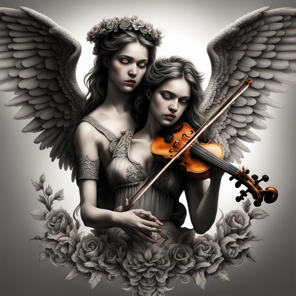 Angelic Collarbone Tattoo with Violin and Flute