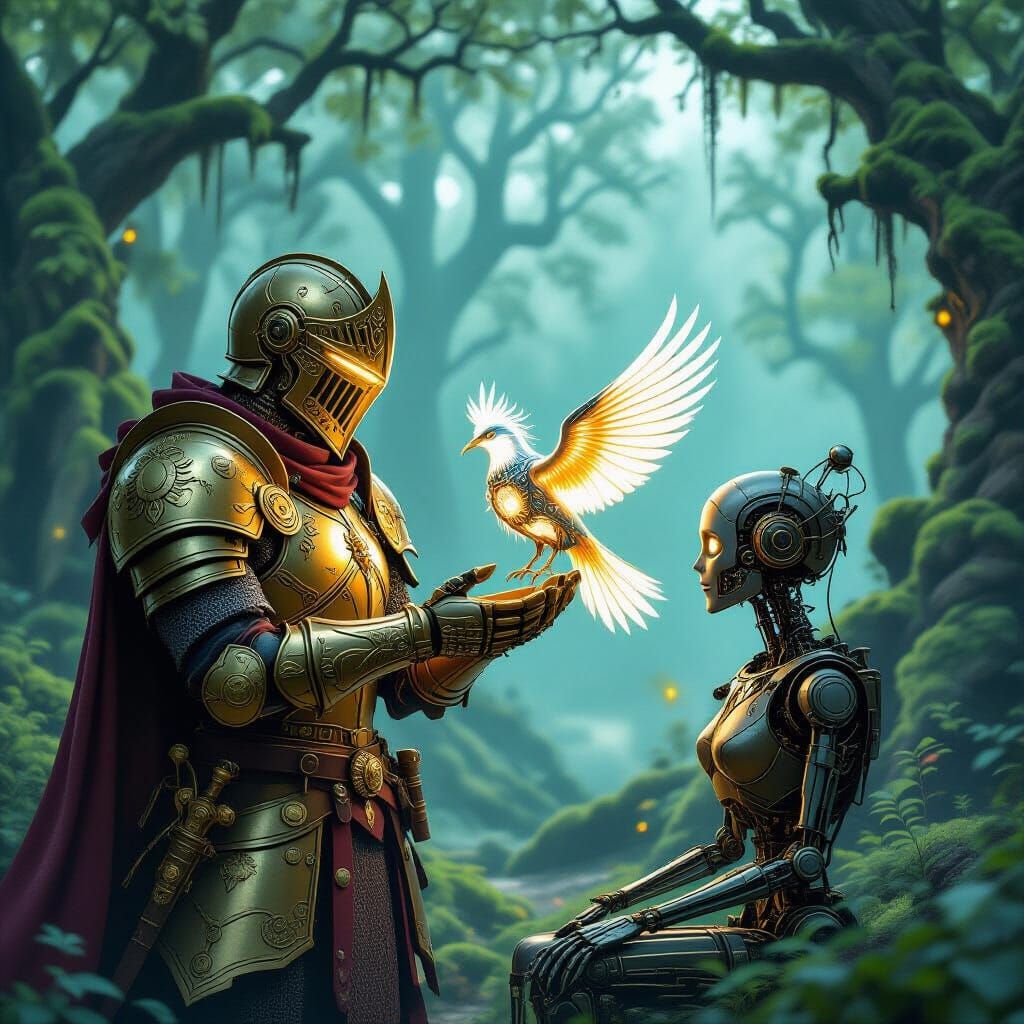 Knight Offers Glowing Bird to Automaton in Misty Forest