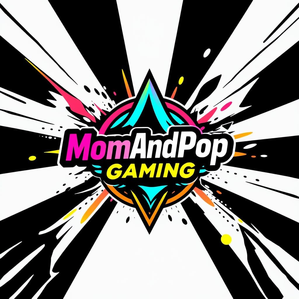 Vibrant MomAndPopGaming Logo with Dynamic Shapes