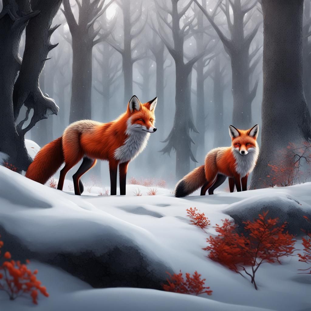 Three Foxes in Winter Forest: Detailed Matte Painting