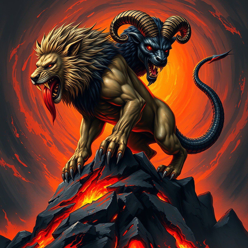 Fearsome Chimera on Volcanic Rock, Dark Fantasy Style