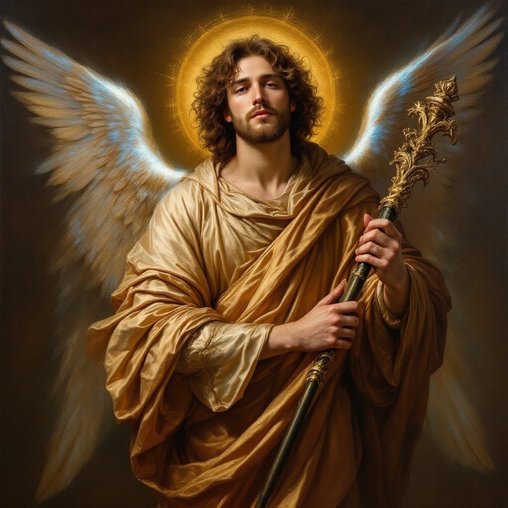 Renaissance-Style Portrait of Archangel Raphael with Caduceu...