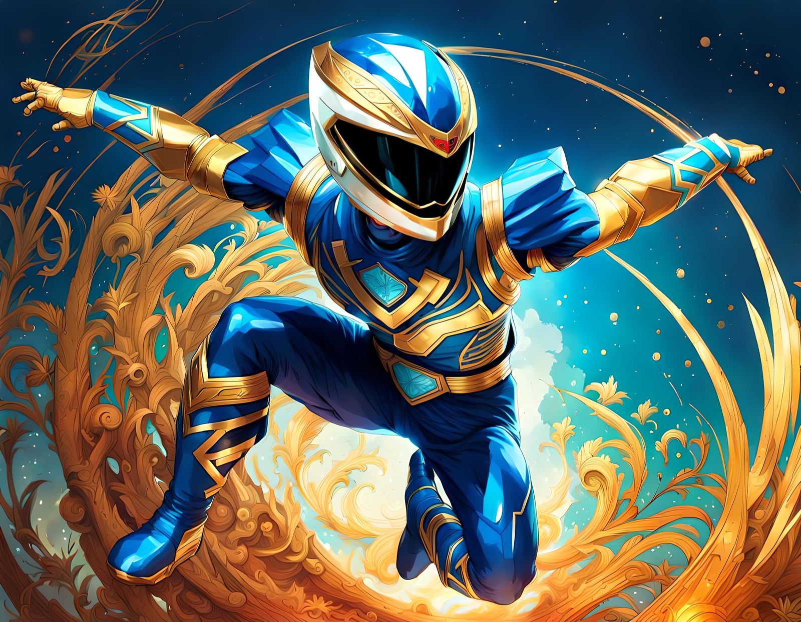 Blue Power Ranger Leaping: Digital Art Concept