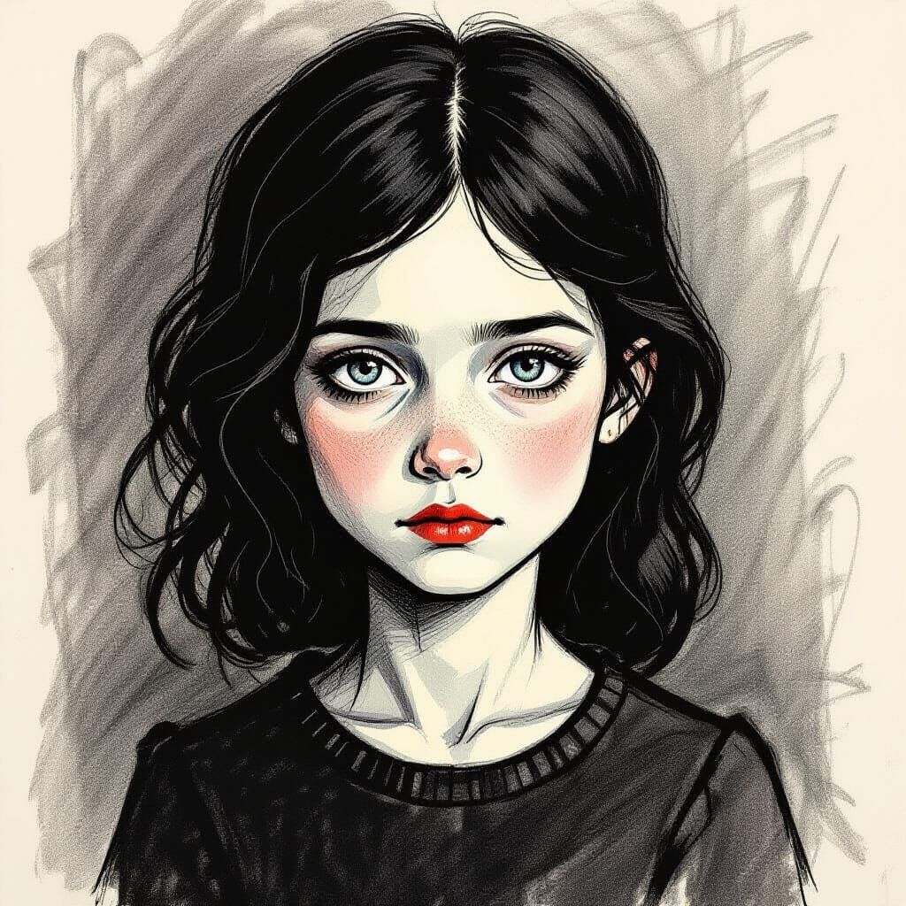 Introspective Girl Portrait in Charcoal Drawing Style