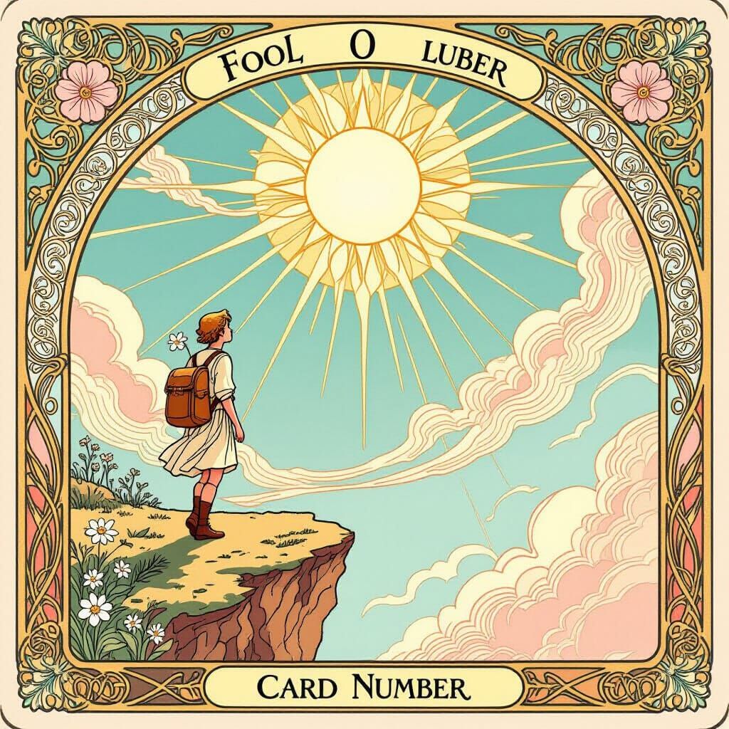 Art Nouveau Traveler on Cliff's Edge Under Radiant Sky