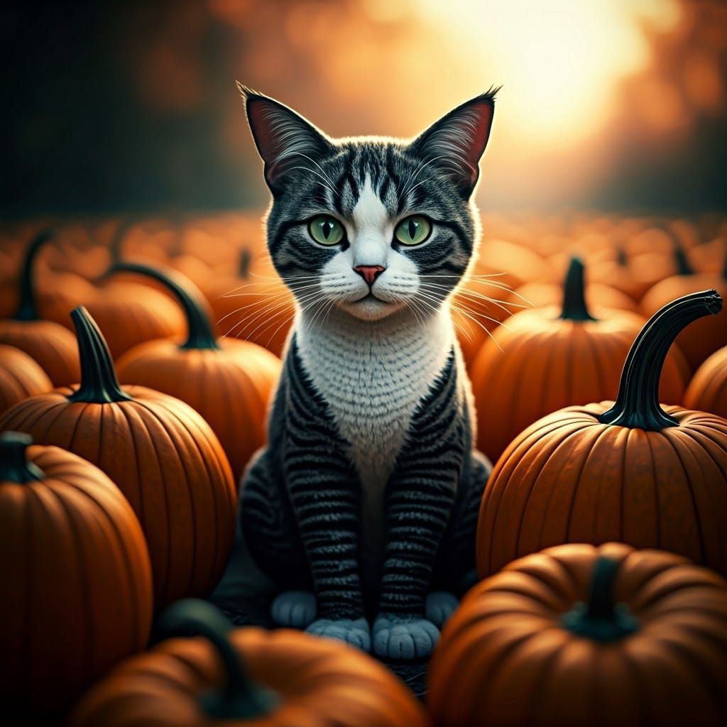 Crochet Cat in Pumpkin Field, Detailed Digital Art