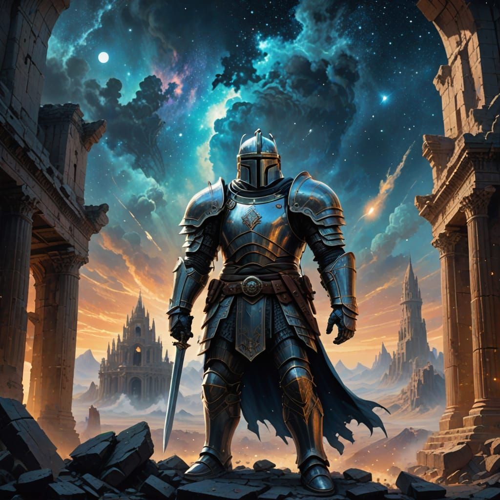 Knight Before Cosmic Ruin in Detailed Concept Art Style