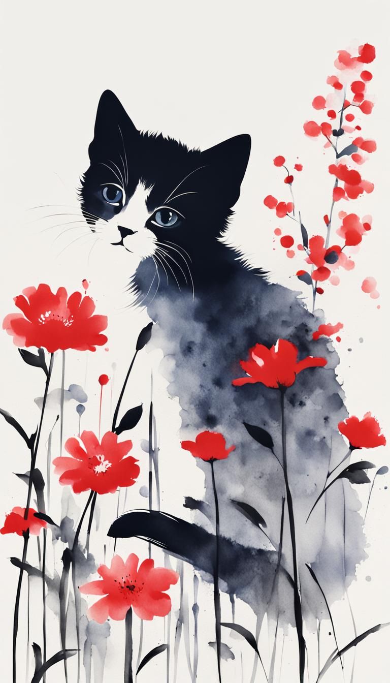 Minimalist Japanese Ink Painting of Kitten and Flower