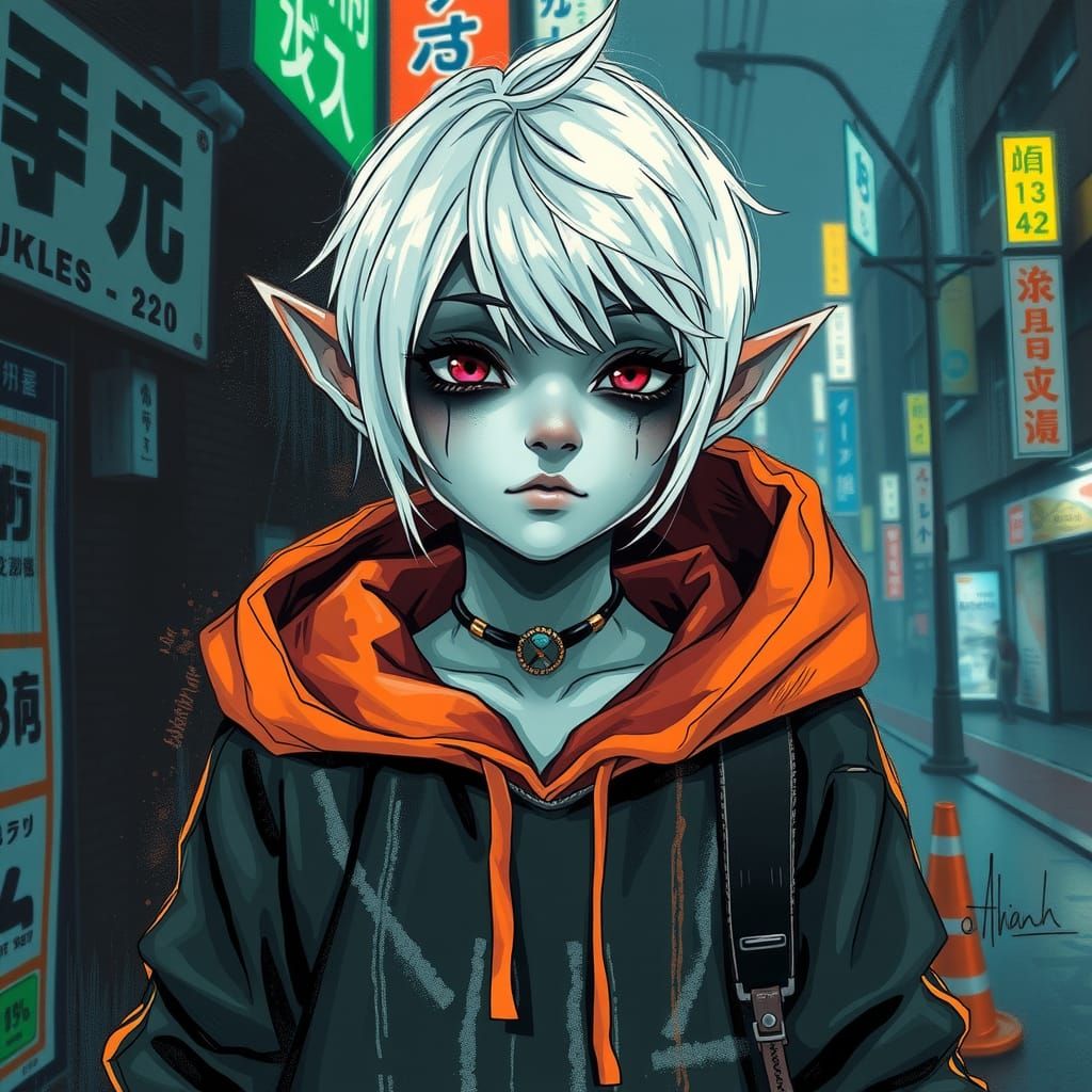 Punk Elf Exploring Neo Tokyo in Gouache Style