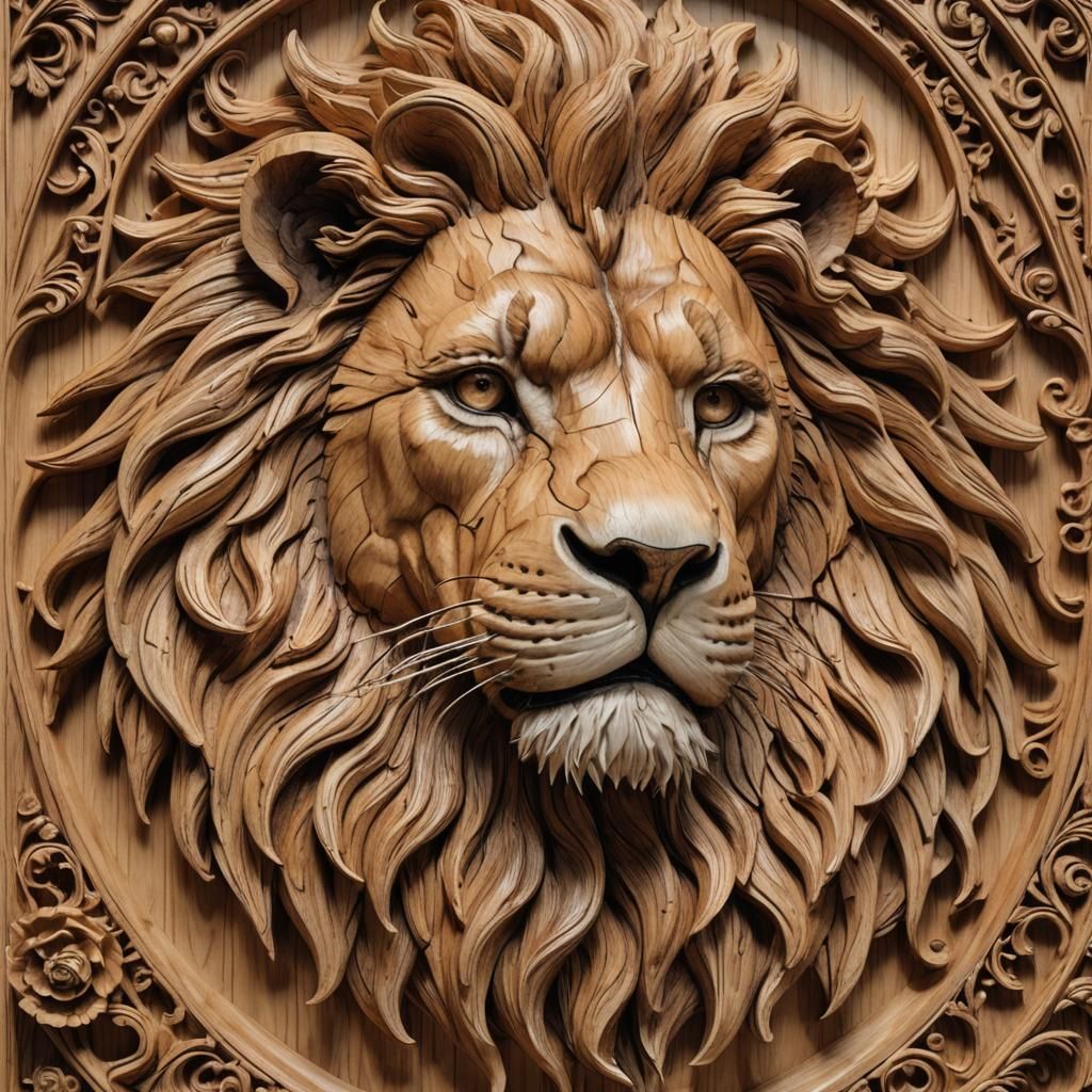 Hyperrealistic Wood Carving of Lion Profile