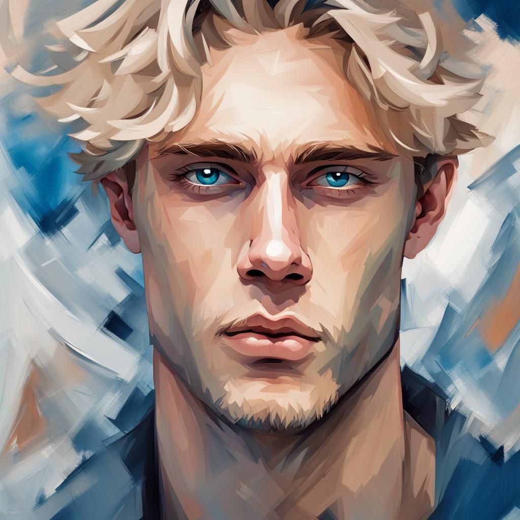 Handsome Blond Man with Blue Eyes in Abstract Art