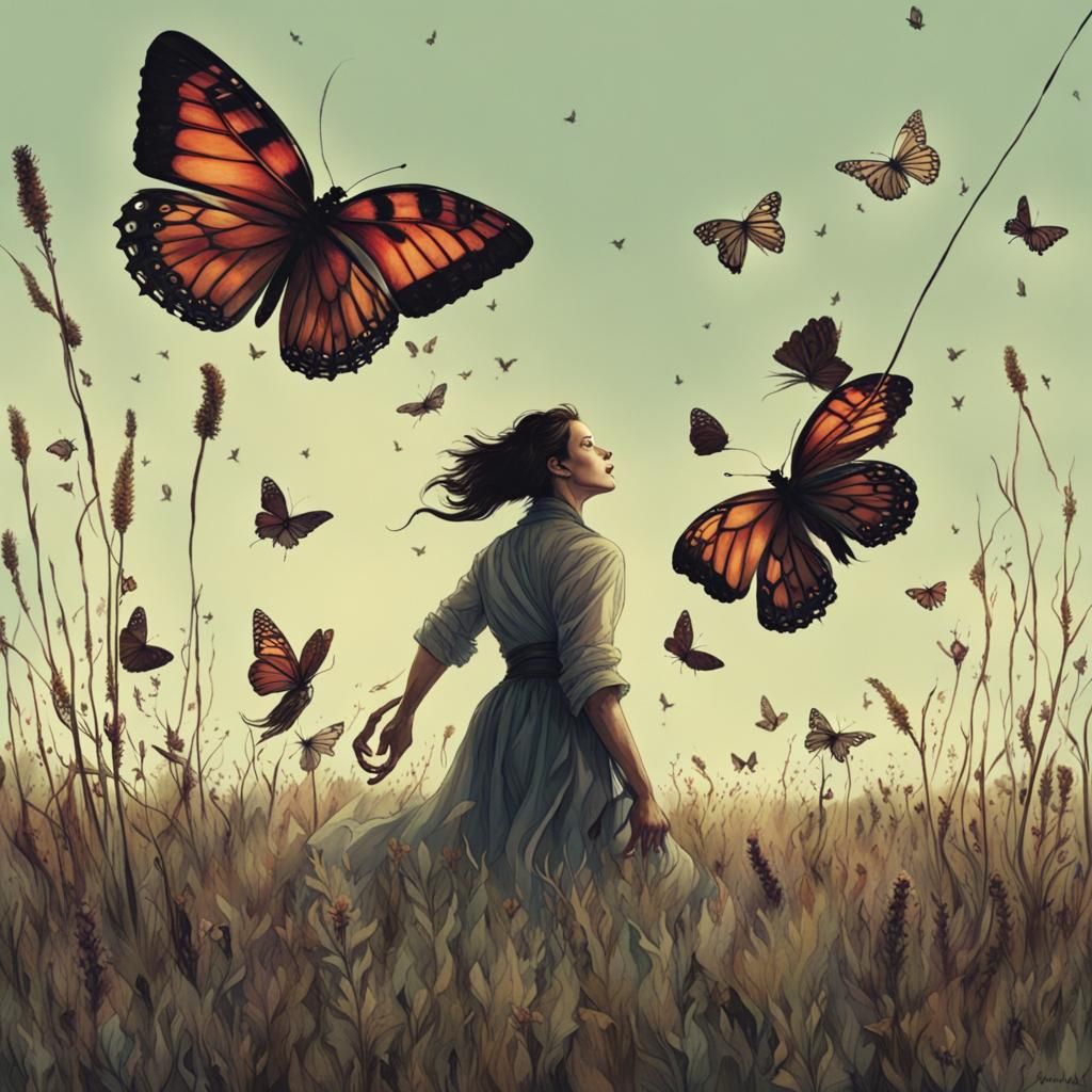 Hooked Horror Chasing Butterflies in Field