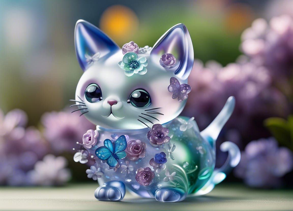 Blown Glass Cat Figurine with Flowers and Butterflies
