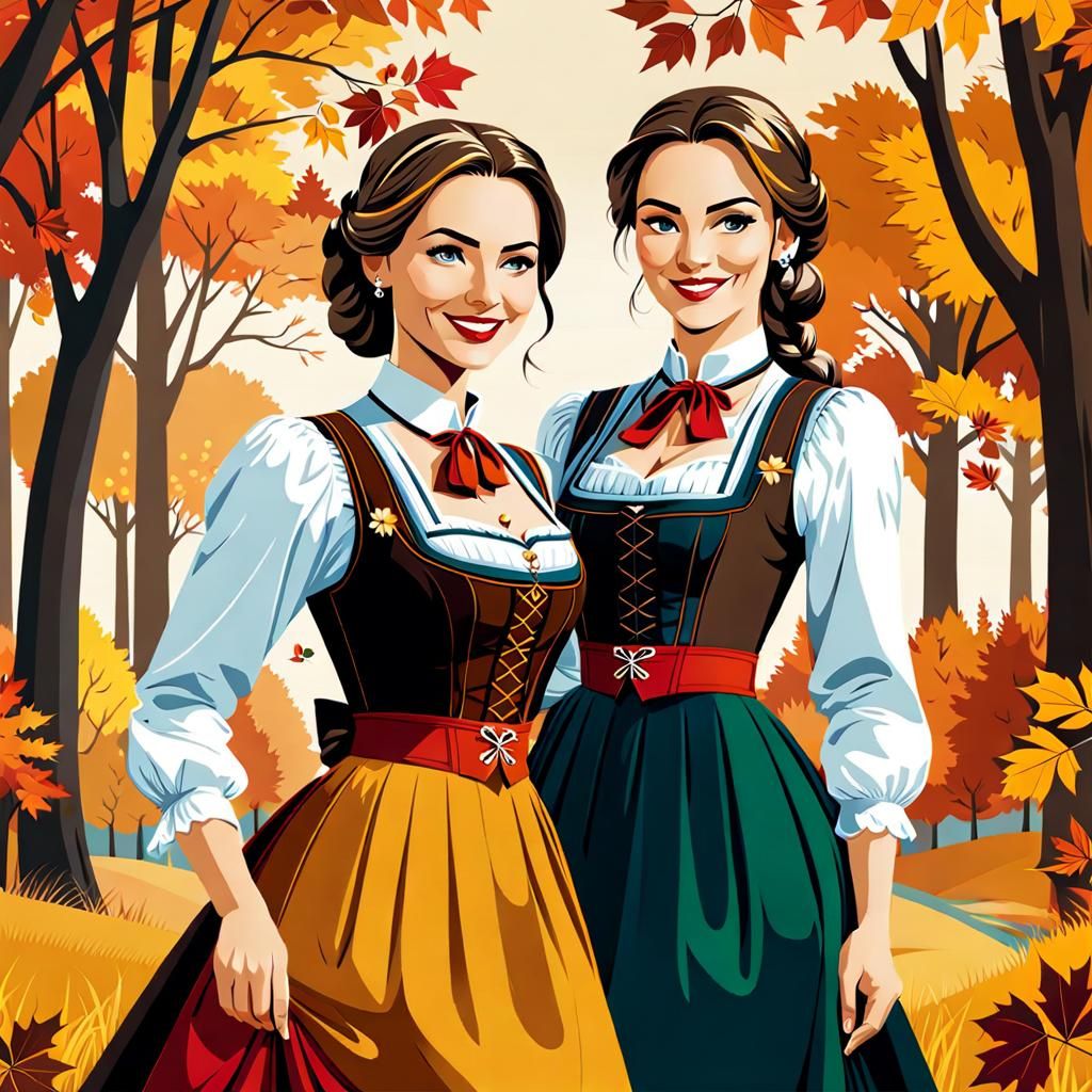 Bavarian Women in Dirndls: Vector Art in Fall Colors