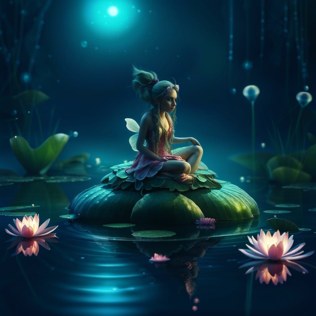 Luminescent Fairy on Lilypad at Night
