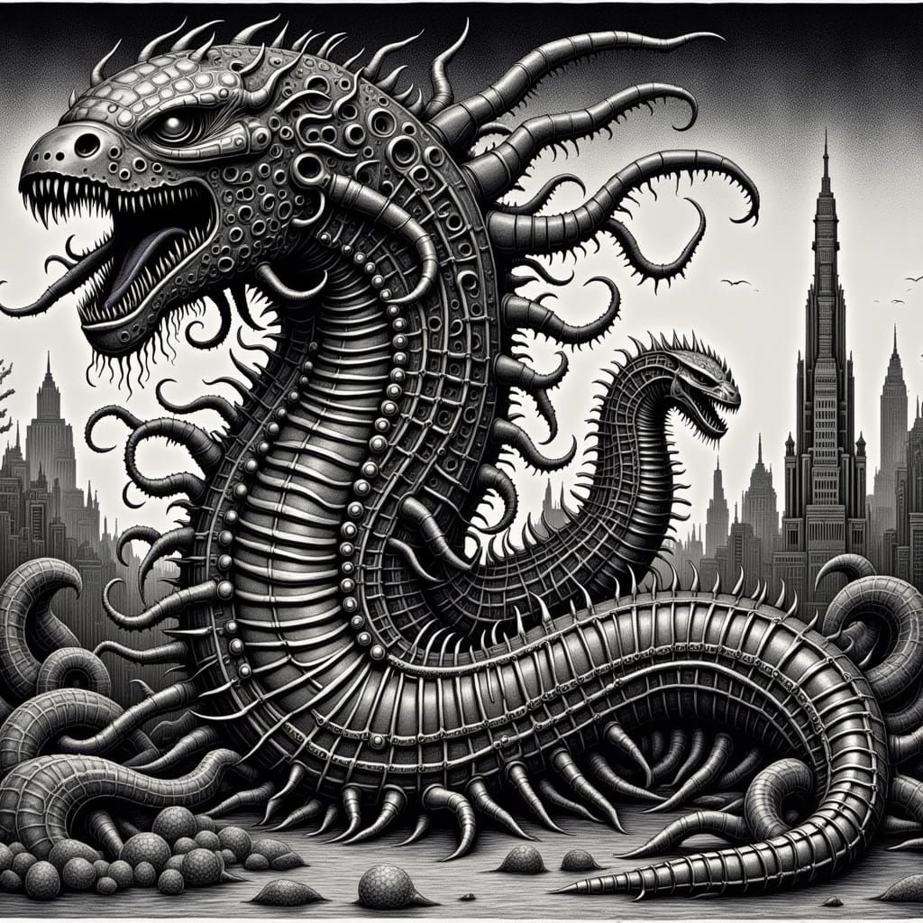 City-Scaled Biomechanical Hydra in Gammell Style