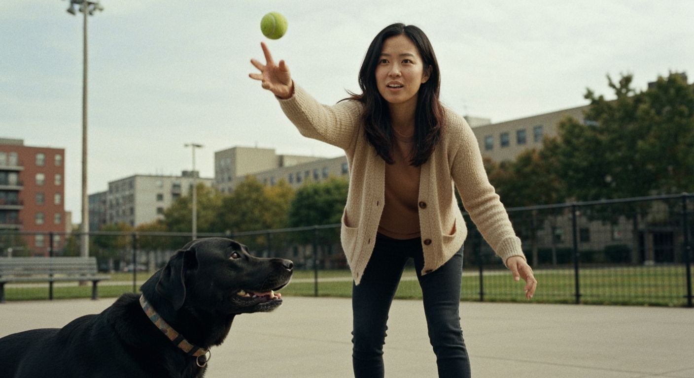 Woman Throws Tennis Ball for Dog in City Park