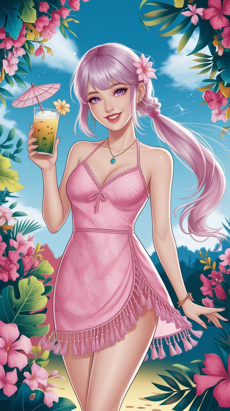 Radiant Korean Woman Celebrates in a Tropical Paradise