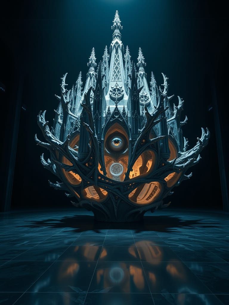 Surreal Gothic Sculpture Rotates in Dark Chamber