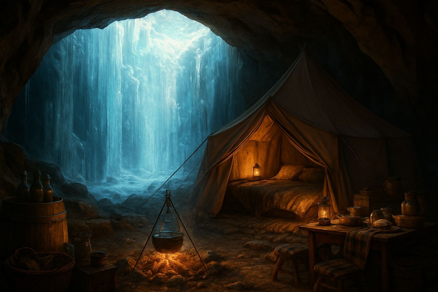 Secluded Winter Haven Behind Frozen Waterfall